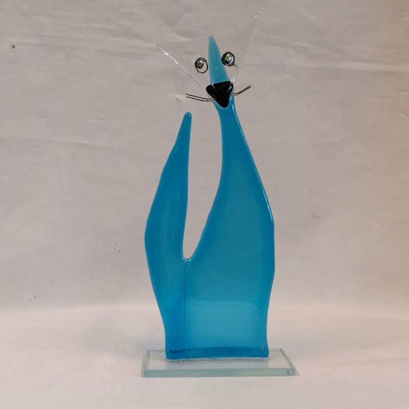 Håndlaget katt i glass, mørk turkis